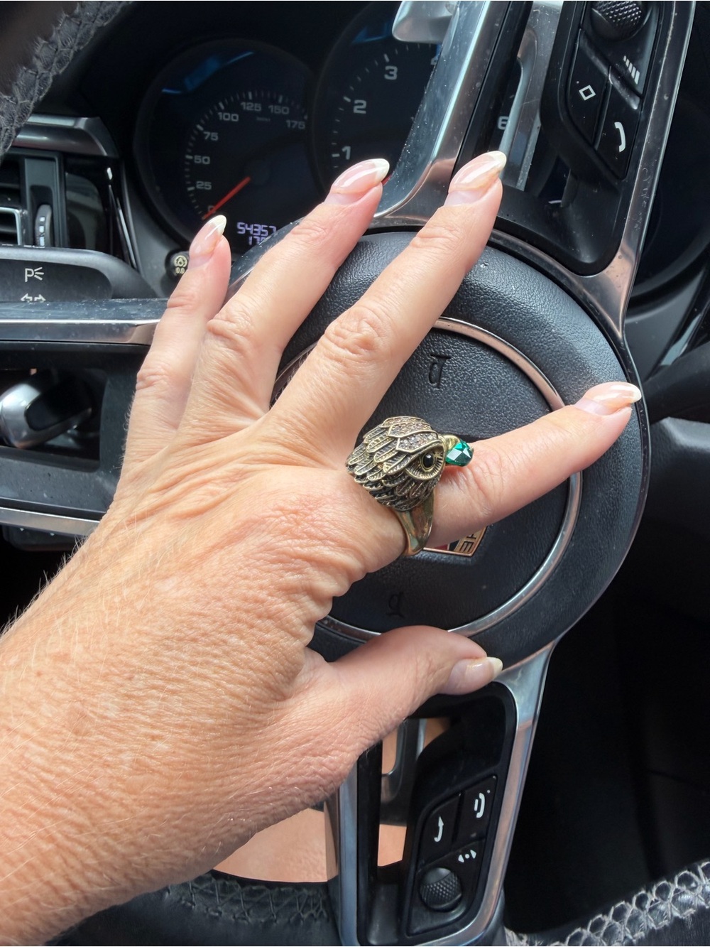 Kurt Geiger Bronze Owl Ring with Emerald Green Gem